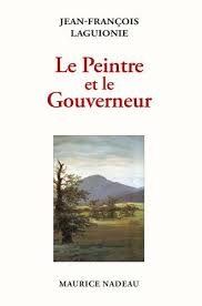 Fond crème, nom de l'auteur en noir, titre en rouge, un rectangle contenant un paysage, un bosquet d'arbres devant une montagne sous un ciel très nuageux.